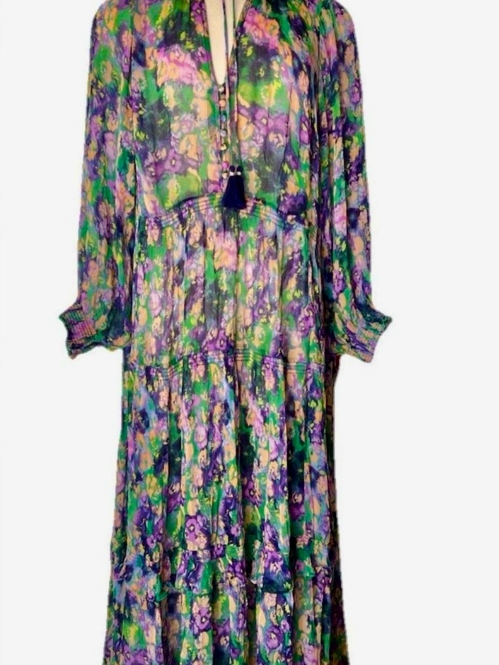Anthropologie Marais Green and Purple Floral Tiered Maxi Dress size XL - Picture 12 of 15